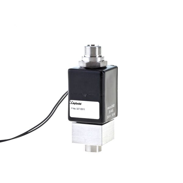 A component vital to fluid control systems is the Micro Straight Through Valve from Leybold North America. It features a black rectangular metallic housing with threaded connectors at both ends. A wire protrudes from its side, and partially visible text is present on the casing, all set against a white background.