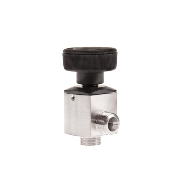 The Leybold North America Micro Right Angle Valve – Pneumatically Operated, Without Pilot Valve – features threaded male fittings on two sides and a large black plastic knob for precise fluid flow control.