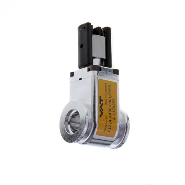 The Leybold North America Miniature HV Gate Valve DN 25 ISO-KF has a metallic cylindrical body, flat front, vertical black and silver actuator on top, and a yellow side label. It's designed for precise fluid control.