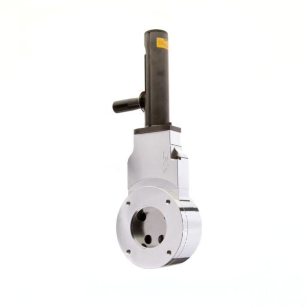 The Leybold North America HV Gate valve DN 63 ISO-F is a durable metallic industrial tool with a cylindrical handle and round base with multiple holes, designed for shut-off and flow control. Shown against a plain white background.