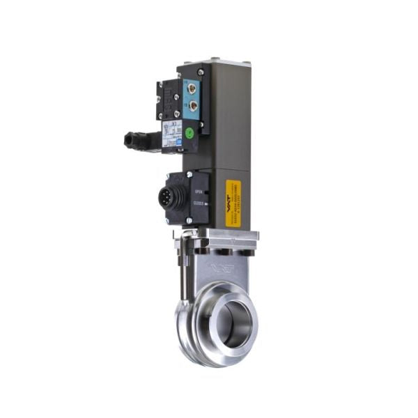 The Leybold North America Miniature HV Gate Valve DN 40 ISO-KF is a corrosion-resistant stainless steel valve with actuator and control module, circular flange, and labeled parts, ideal for high-pressure use and shown isolated on a white background.