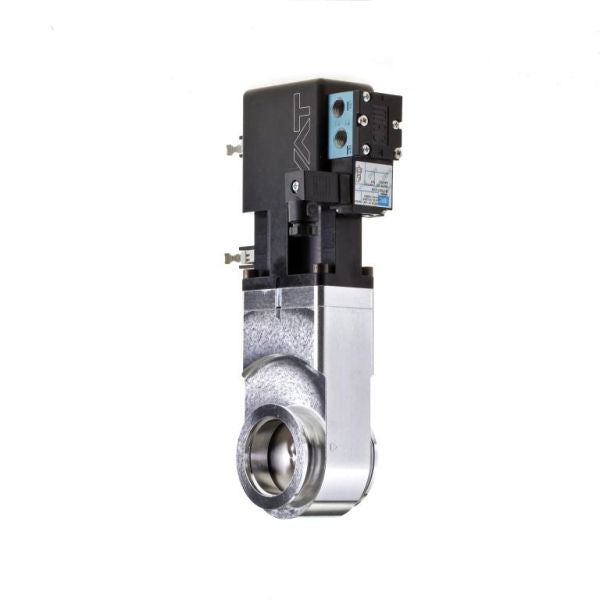 The Miniature HV Gate Valve by Leybold North America, perfect for precision control in fluid systems, features metallic and black components, electronic connectors, and a cylindrical opening at the bottom, all displayed against a white background.