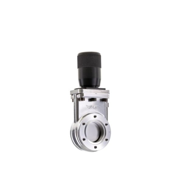 The Leybold North America UHV Gate Valve - Stainless Steel Body DN 63 CF features a round base flange and a large black top handle, designed for superior sealing performance, shown isolated on a white background.