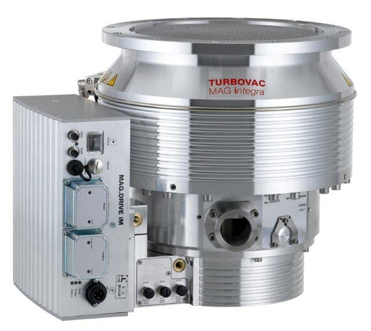 A high-vacuum turbomolecular pump with a shiny, metallic finish and cylindrical design. The device features various ports, connectors, and control panels, labeled "Leybold North America Shop MAG W 2200 iP, 24 V SPS interface" on the top cylindrical section. It is used in scientific and industrial applications.