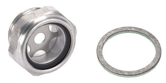 To the left is the Oil Level Glass suitable for SOGEVAC models SV 40/65/100/300 BR2 and SV 25/40/65/100 B by Leybold, featuring a metal body with a central hole and rubber lining often utilized in vacuum pump systems. On the right is a flat metal washer. Both items are displayed against a plain white background.