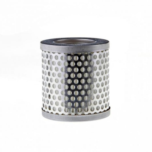 A cylindrical metal filter with perforated holes evenly distributed across its surface. The filter has a smooth top and bottom edge and is designed to allow fluid or air to pass through while trapping larger particles. The background is plain white. Replacement Polyester Filter Cartridge for Dust Filter F 16-25 by Leybold North America.