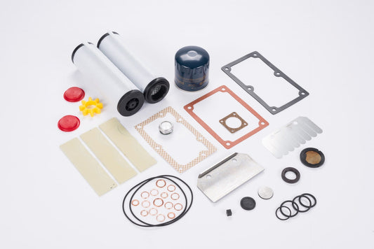 A collection of car engine parts from Leybold North America Shop's Repair Kit SV 100 BR2, featuring two cylindrical filters, gaskets, O-rings, rubber seals, a blue oil filter, red and yellow plastic caps, and metal components arranged on a white background.