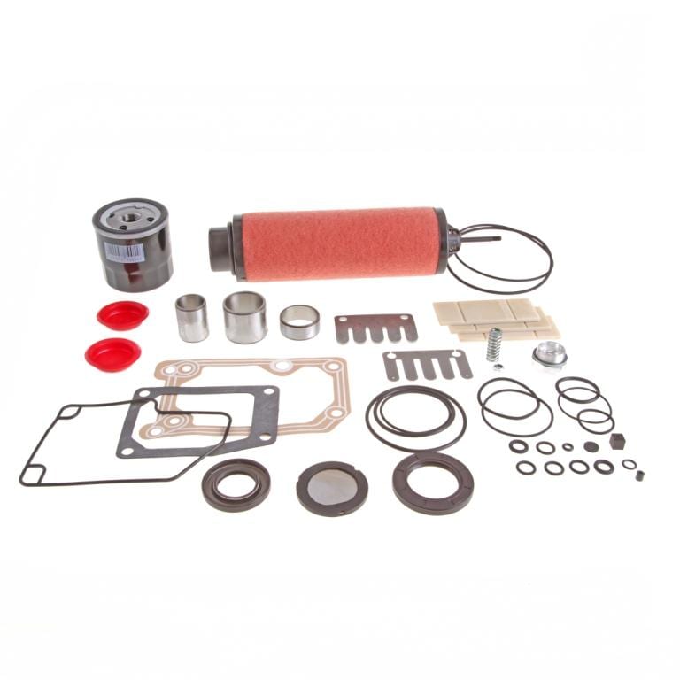 A Leybold Major Maintenance Kit SV 65 B DS for SOGEVAC SV 65 B, featuring mechanical parts, seals, gaskets, O-rings, a cylindrical filter, metal rings, and small hardware arranged neatly on a white background.