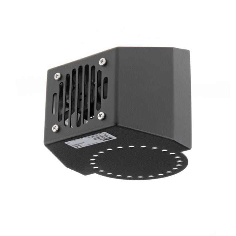 A black rectangular plastic electronic device with ventilation slits and a component that looks like a small fan can be seen. It has a curved extension with perforated holes on the bottom and appears to be mounted or ready to be mounted onto a surface. This is the Leybold North America Air Cooling Unit TURBOVAC SL80 / TW70H - 24V.