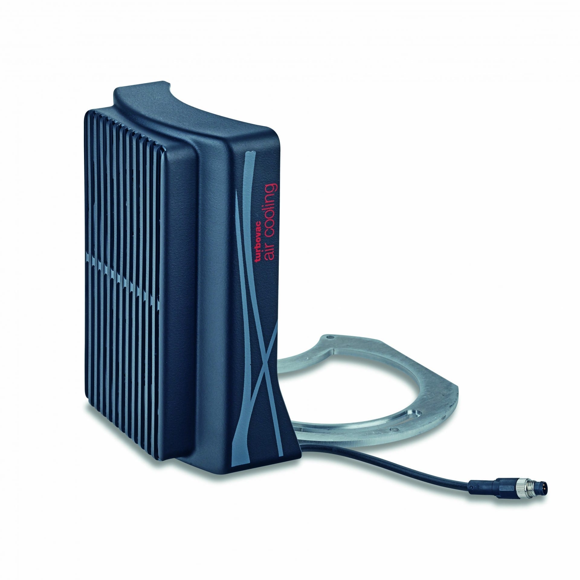 A black and blue air cooling unit with vertical slats and a cable connector on a white background, featuring "air cooling" printed in red, meets TURBOVAC 350-450 i standards by Leybold North America for high vacuum pumps.