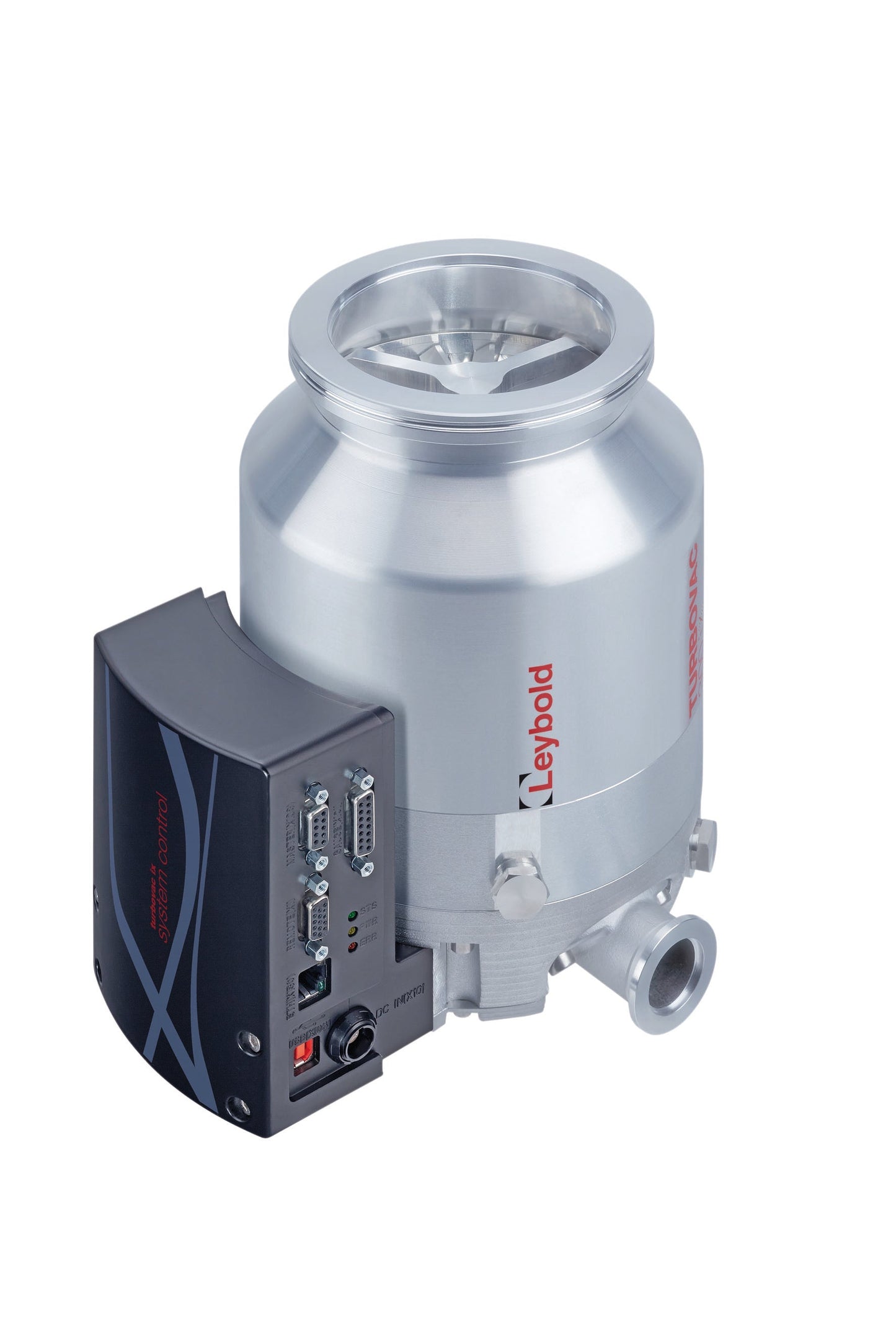 A metallic cylindrical industrial pump with a control module attached to its side. The pump has an inlet and outlet for fluids or gases, and the control module features various ports and connectors. The product is called "TURBOVAC 350 iX," and the brand "Leybold North America Shop" is visible on the pump.