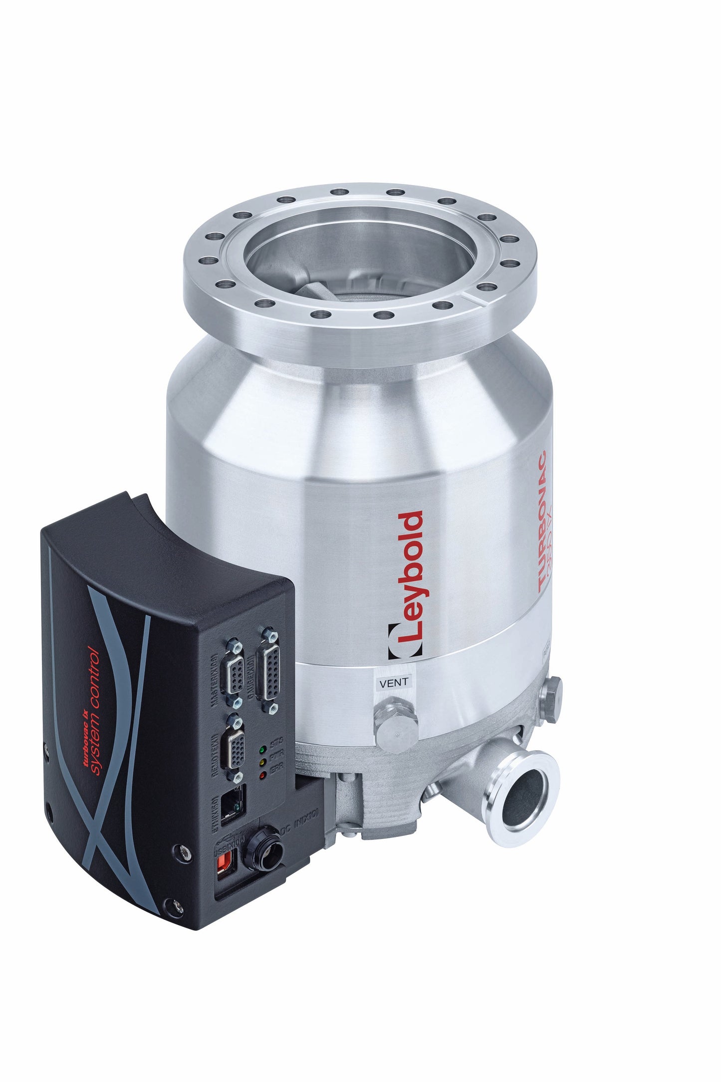 A Leybold North America Shop TURBOVAC 350 iX vacuum pump with a metallic cylindrical body and multiple connection ports. The control unit is black with various input and output ports labeled "TURBOVAC 350 iX." Leybold North America Shop branding is prominently displayed on both components.
