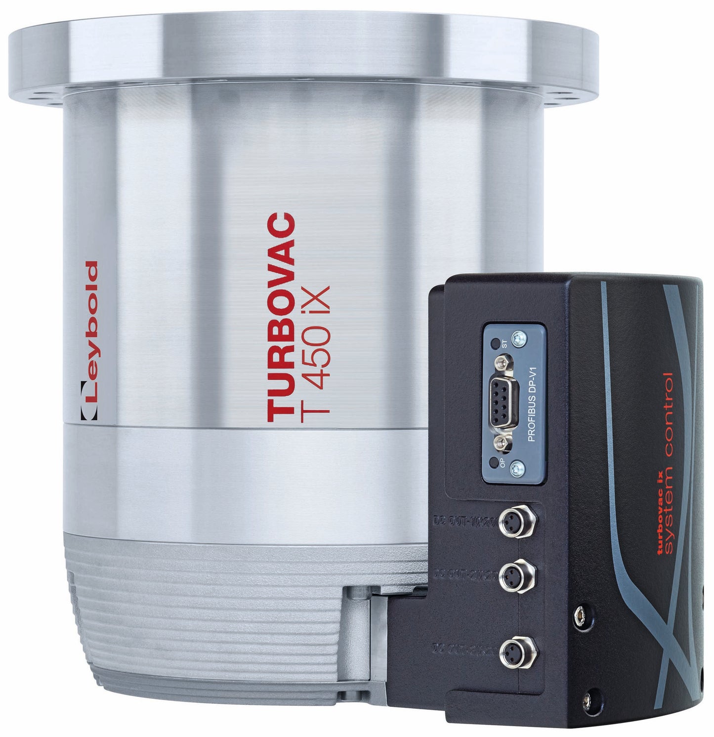 Image of a Leybold North America Shop TURBOVAC 450iX, a high-performance turbo pump with an integrated controller. It features a metallic silver cylindrical body with a branded logo and product name printed on the side, and a rectangular black control unit attached to it.