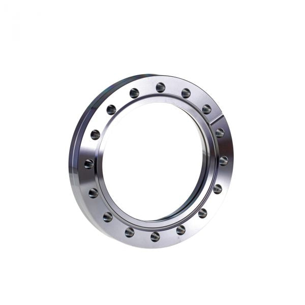 A shiny, circular CF-Bore Flange DN 100 CF (Fixed) from Leybold North America featuring evenly spaced holes, is set against a white background.