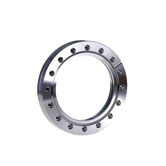 A shiny, circular CF-Bore Flange DN 100 CF (Fixed) from Leybold North America featuring evenly spaced holes, is set against a white background.