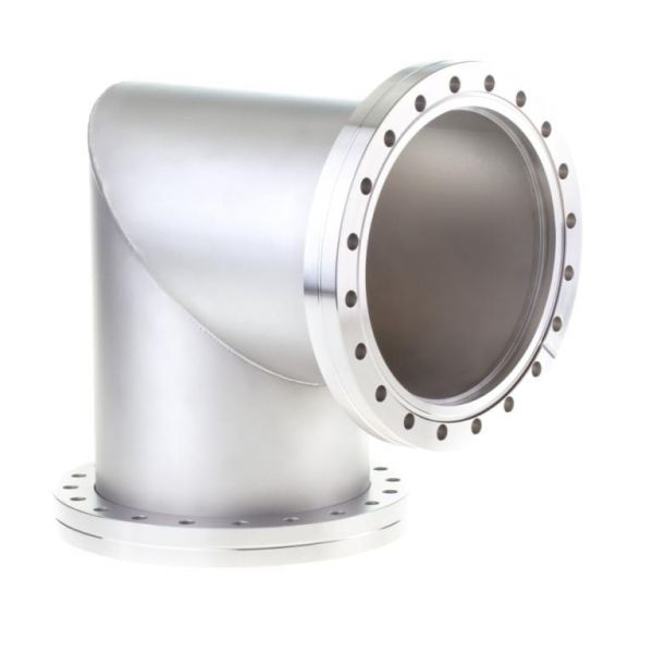 A CF-Mitred Elbow 90° from Leybold North America, featuring a polished metallic finish and flanged ends with multiple bolt holes, is designed for industrial or mechanical applications. The pipe is presented against a plain white background.