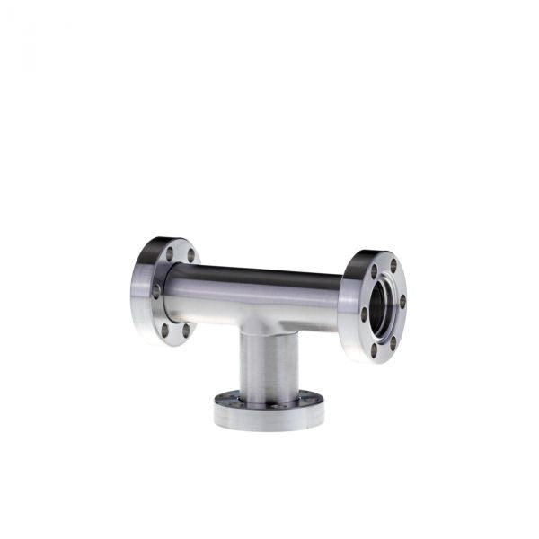 The Leybold North America CF-Tees DN 16 CF is a T-shaped stainless steel pipe fitting with three flanged ends, ideal for industrial piping connections. It features unique designs and is displayed against a plain white background.