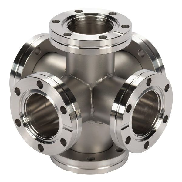The Leybold North America CF-Double Crosses DN 40 CF is a stainless steel six-way pipe fitting with flanged ends, offering high-performance multi-directional connections for industrial piping systems.