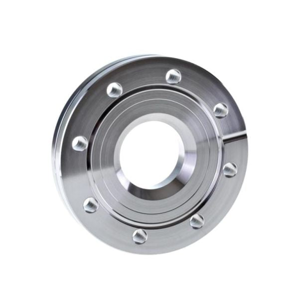 The Leybold North America Reducing Flanges DN 63/40 CF features a shiny, metallic finish, a central hole, and multiple evenly spaced bolt holes—ideal for industrial pipe connections and shown on a white background.