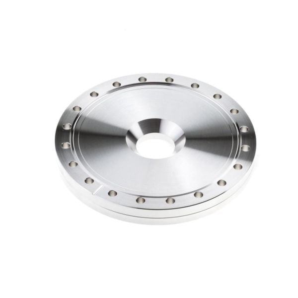 The Leybold North America Reducing Flanges DN 160 / 40 CF is a circular metal disc with a central hole and evenly spaced outer holes, designed for industrial use in piping systems; shown against a white background.