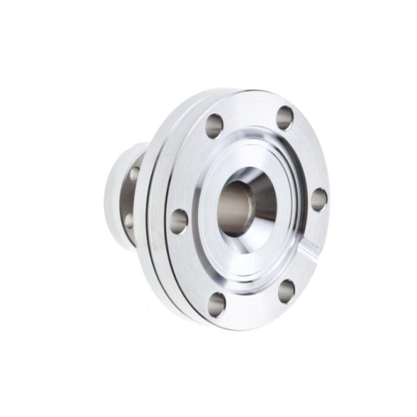 The Leybold North America Reducers DN 40/16 CF is a durable, circular metal flange with a central hole and multiple evenly spaced peripheral holes, designed for industrial or mechanical connections such as plumbing systems.