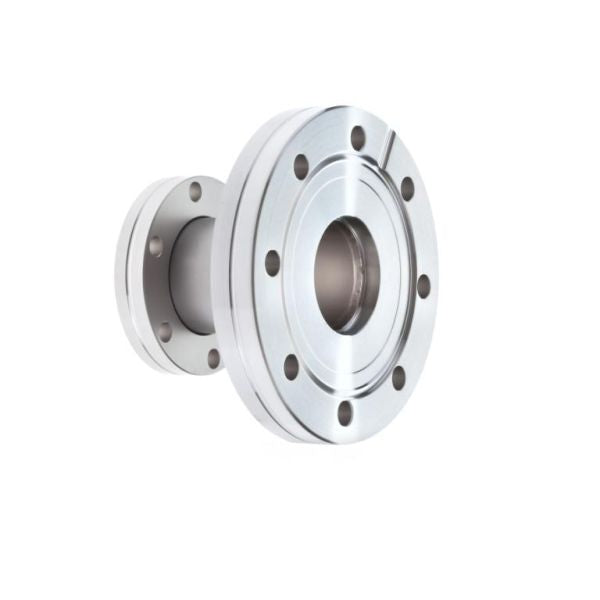 Close-up of Leybold North America Reducers DN 63/40 CF, a metallic circular component with multiple bolt holes and a smooth, reflective finish, used in CF piping systems. Features an inner cylindrical section; shown against a white background.