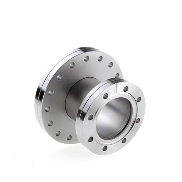 The Leybold North America Reducers DN 160/100 CF is a metallic, cylindrical pipe fitting with flanged ends and evenly spaced bolt holes. Its polished surface makes it ideal for industrial or plumbing use; shown here isolated on a white background.