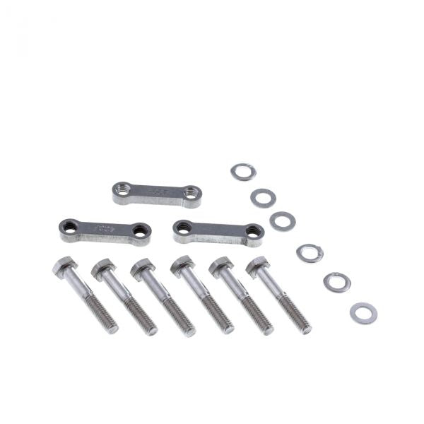 The Leybold North America Bolts with Bolt Nut Plate and Washers DN 40 CF set features two plates with holes, six hex bolts, and nine washers on a white background, ideal for DIY projects requiring secure fastening.