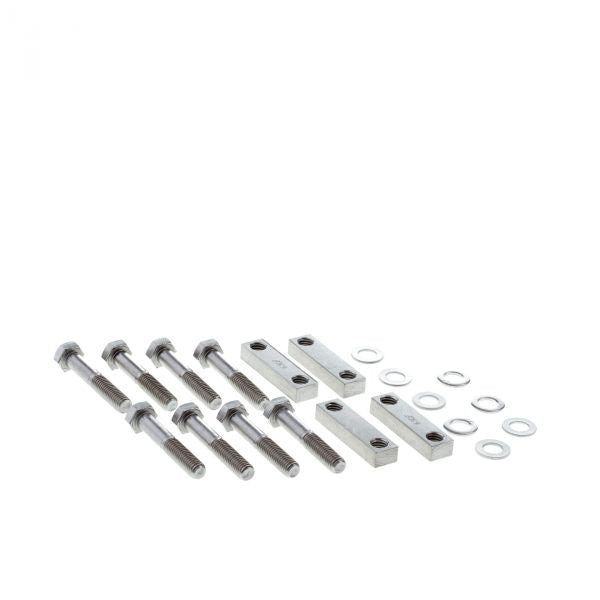 The Leybold North America Bolts with Bolt Nut Plate and Washers DN 63 CF set is displayed on a white background, showcasing eight hex bolts, four rectangular bolt nut plates with threaded holes, and twelve washers.