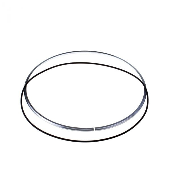 Two FPM O-rings with Support Rings from Leybold North America, one black and one transparent, are coiled into circular loops and laid out side by side against a white background. The loops appear to be of similar size and are slightly overlapping near the center.
