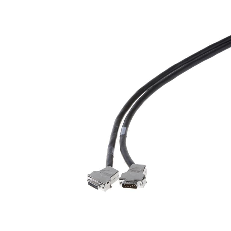 Close-up view of two black cables with metal connectors at the ends, each featuring multiple pins for connectivity. The connectors are positioned facing upward, and the cables are shown on a plain white background. These are Connection Cable TURBO.DRIVE TD 400 to TURBOVAC by Leybold North America.