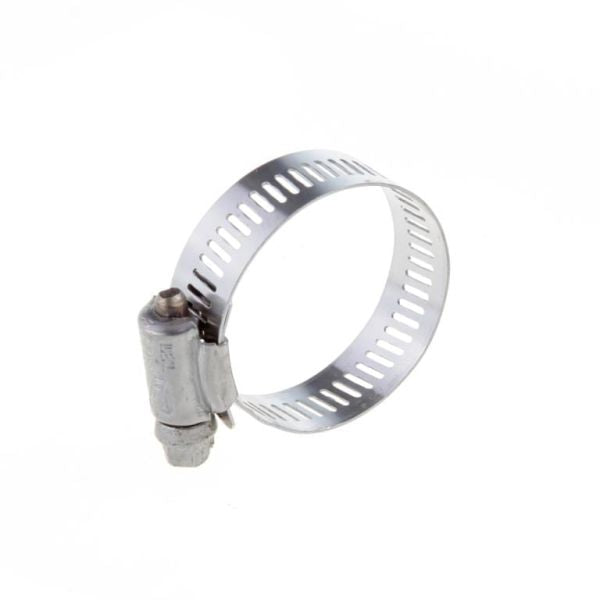 The Leybold North America Hose Clamps DN 25 ISO-KF features a metal slotted band with a tightening screw, designed for vacuum applications and ideal for ISO-KF systems. Shown on a white background.