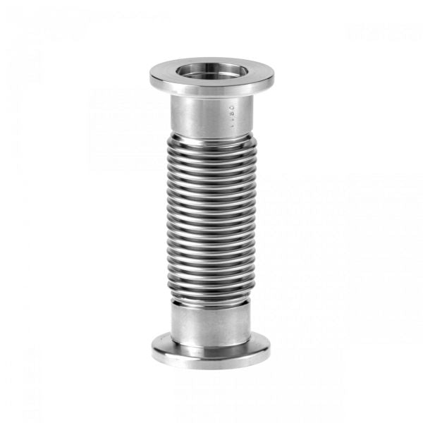 The Leybold North America Bellows with Flanges DN 16 ISO-KF (70 mm) features a metallic, corrugated hose design with smooth circular flanges on both ends, vertically aligned against a white background, perfect for vacuum systems and showcasing an industrial bellows-like structure.