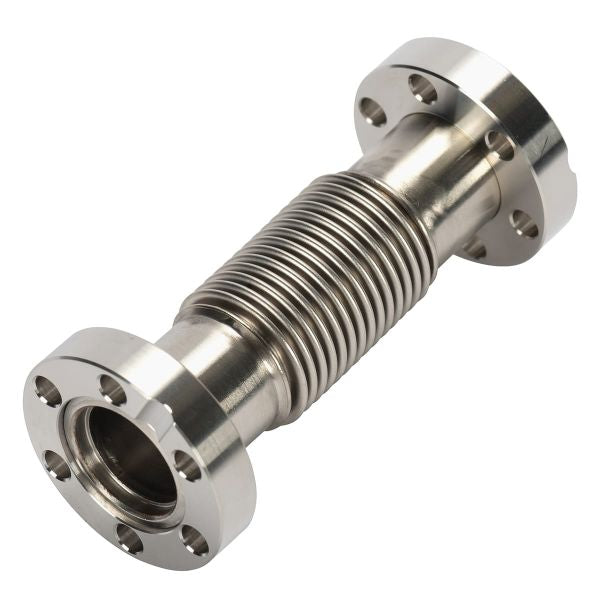 The Leybold North America CF-Bellows DN 16 CF (76 mm) is a stainless steel expansion joint with flange ends and a corrugated flexible center section, featuring circular bolt holes. It suits industrial machinery and comes in customizable sizes, isolated on a white background.