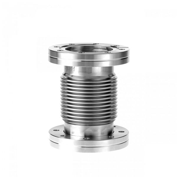 The Leybold North America CF-Bellows DN 64 CF (139 mm) is a stainless steel industrial expansion joint with flanged ends and a corrugated, flexible center that accommodates thermal expansion, ensuring system integrity in piping systems and vacuum equipment applications.
