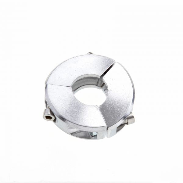 The Leybold North America Clamping Collar for Ultra Sealing Rings DN 10/16 ISO-KF is a silver, circular metal component with a central hole and three notches—ideal for vacuum systems—shown on a white background.