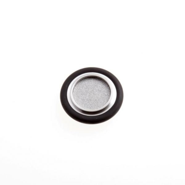 A small, round Centering Ring with a Sintered Metal Filter ISO-KF by Leybold North America, featuring a silver-colored center and encased in a black rubber outer ring, is centered against a plain white background. The object appears to be a component of a device.
