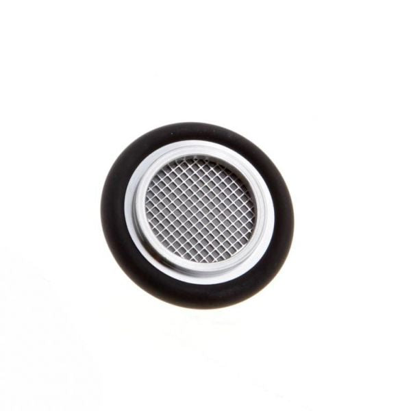 The Leybold North America Centering Ring with Fine Filter DN 50 ISO-KF is shown from above on a white background; it features a round metal mesh air vent with a black outer ring, designed for vacuum systems.