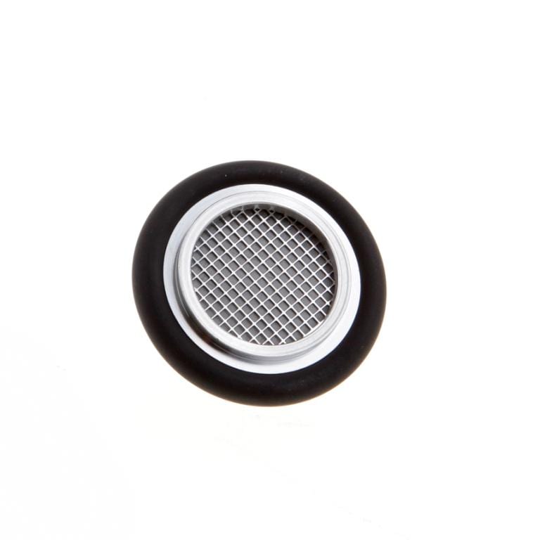 A close-up image of a round metallic wire mesh screen filter, encased in a circular black rubber and silver frame. The mesh is tightly woven and appears to be designed for filtering liquids or gases. The background is plain white. 
Product Name: Centering Rings with Fine Filter ISO-KF  
Brand Name: Leybold North America