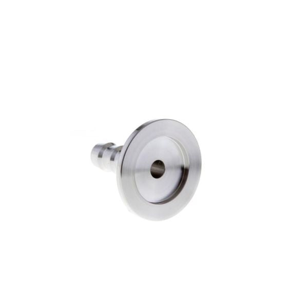 A stainless steel round KF Flanges with Hose Nozzles DN 25 ISO-KF by Leybold North America, featuring a smooth finish with a central hole and small cylindrical protrusion on one side, set against a plain white background.