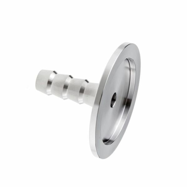 The KF Flanges with Hose Nozzles DN 40 ISO-KF by Leybold North America are stainless steel barbed fittings ideal for vacuum systems, featuring a rounded flange and central hole. With multiple ridges for secure attachment in plumbing or industrial setups, they ensure efficient fluid transfer on a white background.