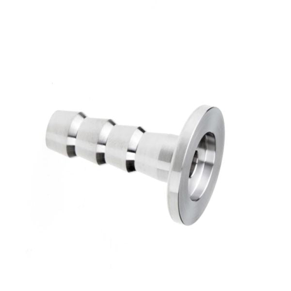 The stainless steel KF Flanges with Hose Nozzles DN 16 ISO-KF by Leybold North America feature a flared end and ribbed connector, ensuring secure attachment to hoses in pneumatic systems. Displayed against a plain white background.