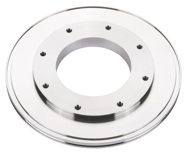 A silver metallic Reducing Flanges DN 200/100 ISO-K by Leybold North America, featuring a central circular hole and multiple smaller holes, is positioned on a white background.