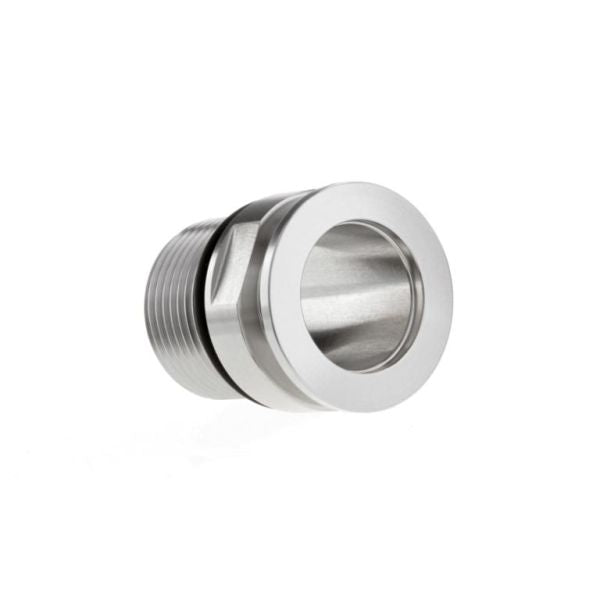 A close-up shows a shiny silver Screw-in Flange DN 25 ISO-KF / G 1 (36 mm) by Leybold North America. This cylindrical metal fitting features a threaded end, perfect for vacuum applications and complying with ISO-KF standards, positioned at an angle against a white background.