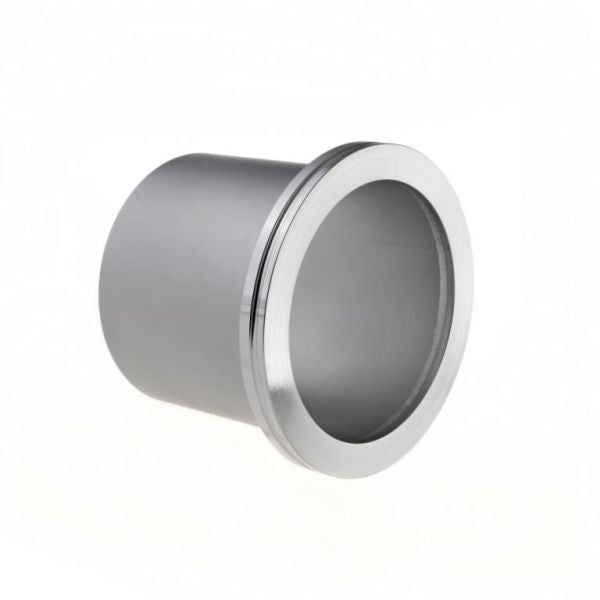 A stainless steel cylindrical object with a wide circular opening, known as Clamp Flanges DN 63 ISO-K from Leybold North America, is observed. Its shiny surface reflects light elegantly, resembling vacuum system components, set against a plain white background.