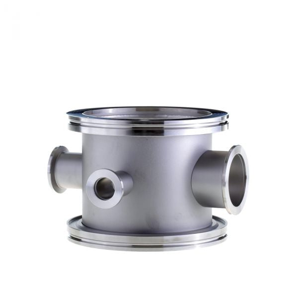The Leybold North America Branching Pieces with Lateral DN 100 ISO-K DN 16/25/40 ISO-KF features multiple circular ports and flanges, demonstrating versatile stainless steel vacuum chamber connectivity.