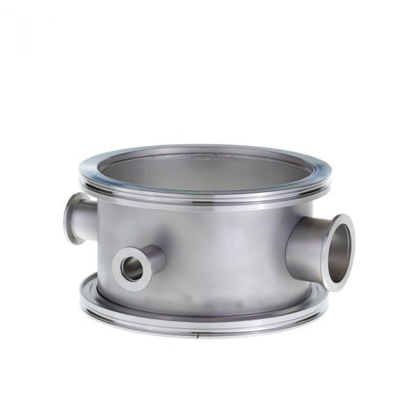 The Leybold North America Branching Pieces with Lateral DN 160 ISO K - DN 16/25/40 ISO-KF is a stainless steel vacuum chamber component featuring three cylindrical openings with large top and bottom flanges for versatile system connections.