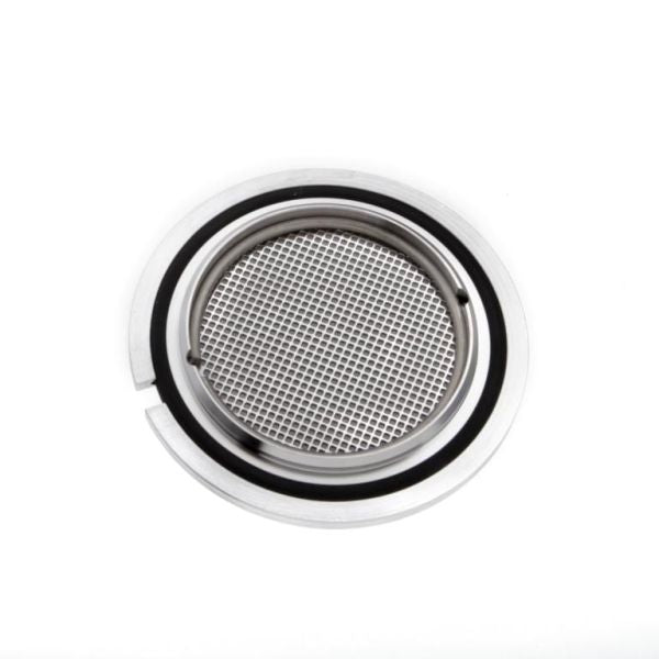 The Leybold North America Centering Rings with Fine Filter DN 100 ISO-K feature a round fine metal mesh, silver frame, and black sealing ring for vacuum systems using ISO-K flanges, shown from above on a white background.
