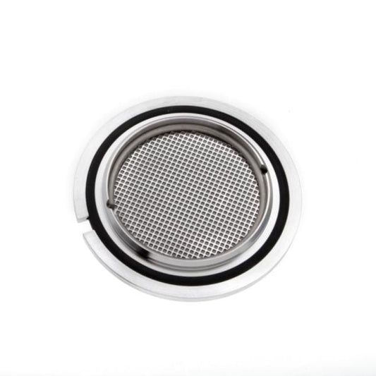A Leybold North America Centering Ring with Fine Filter DN 63 ISO-K, featuring a central grid and black rubber edge, similar to those for vacuum system flanges, is shown on a white background.