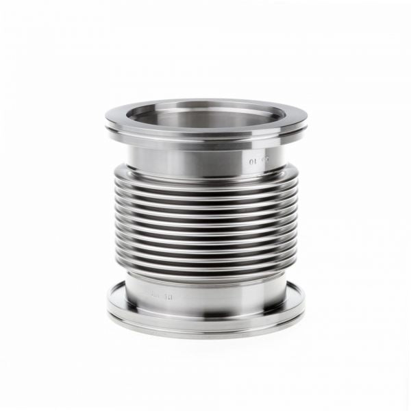 The Bellows with Flanges DN 100 ISO-K (132 mm) by Leybold North America is a metallic, cylindrical, corrugated pipe designed for connecting piping systems, providing flexibility and vibration absorption while ensuring effective vacuum sealing with smooth circular top and bottom flanges.